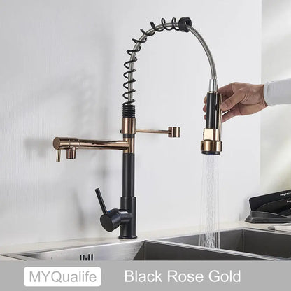 Decorbites black brass kitchen faucet with dual spout and pull down spray