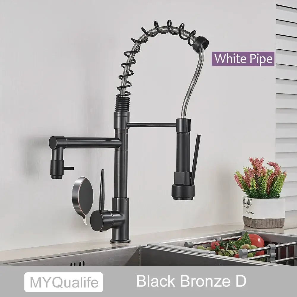 Decorbites black brass kitchen faucet with dual spout and pull down spray
