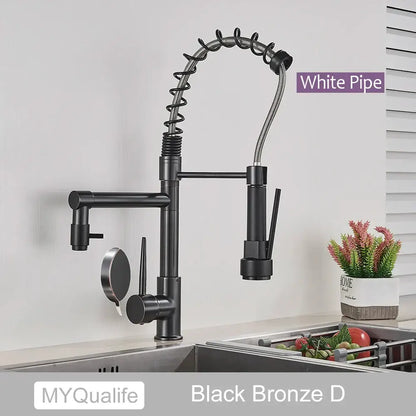 Decorbites black brass kitchen faucet with dual spout and pull down spray