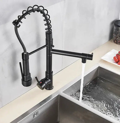 Decorbites black brass kitchen faucet with dual spout and pull down spray