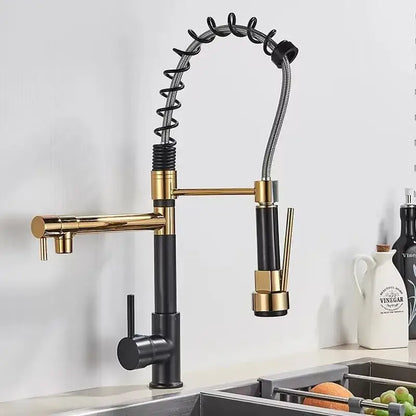 Decorbites black brass kitchen faucet with dual spout and pull down spray
