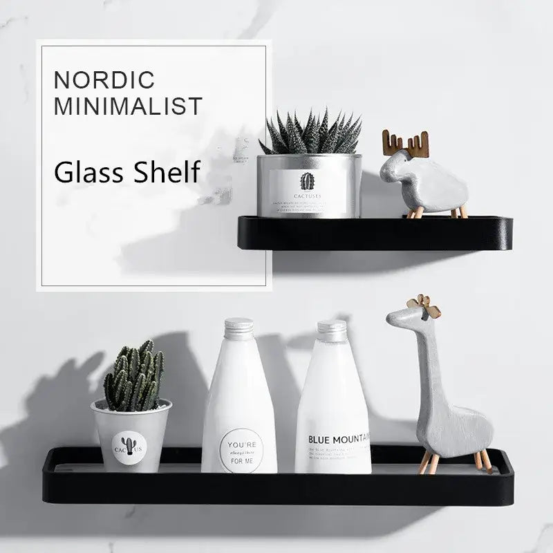 Minimalist black glass bathroom shelf rectangular wall mounted rack