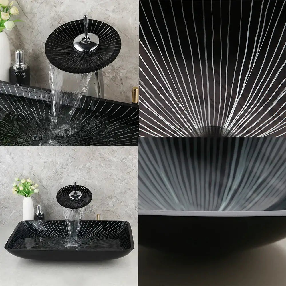 Modern black etched glass bathroom sink set with waterfall faucet