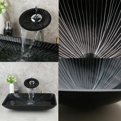 Modern black etched glass bathroom sink set with waterfall faucet
