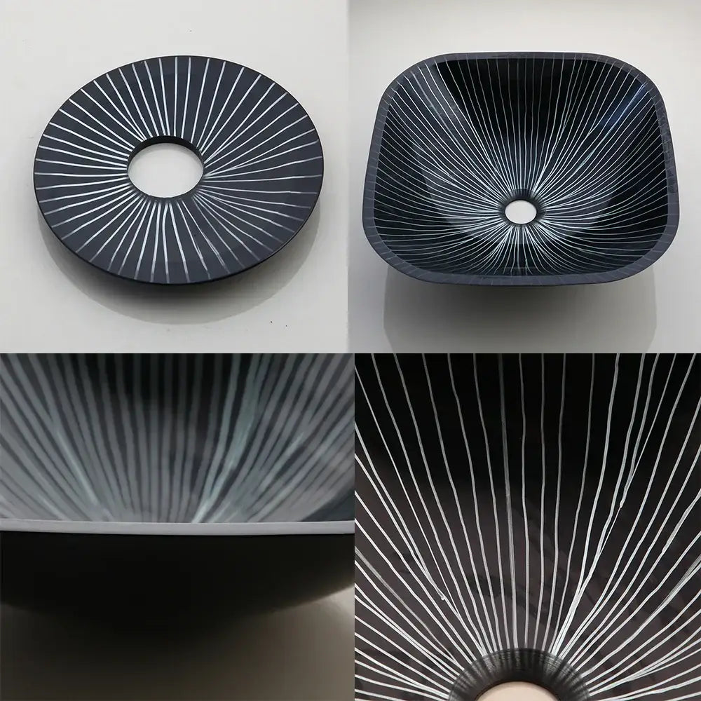 Modern black etched glass bathroom sink set with waterfall faucet