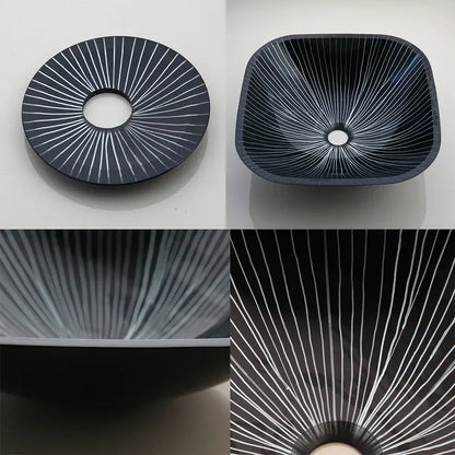 Modern black etched glass bathroom sink set with waterfall faucet