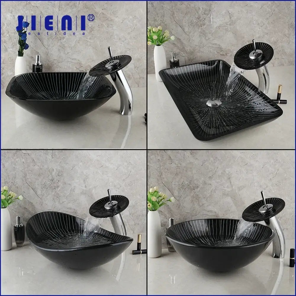 Modern black etched glass bathroom sink set with waterfall faucet