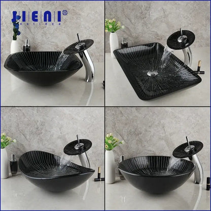 Modern black etched glass bathroom sink set with waterfall faucet