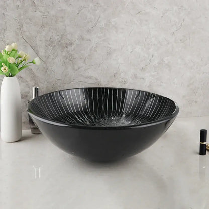 Modern black etched glass bathroom sink set with waterfall faucet