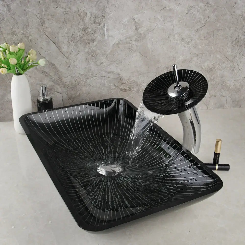 Modern black etched glass bathroom sink set with waterfall faucet