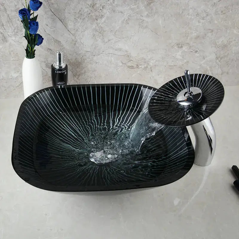 Modern black etched glass bathroom sink set with waterfall faucet