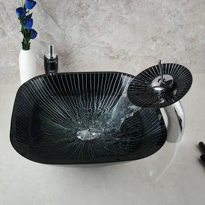 Modern black etched glass bathroom sink set with waterfall faucet