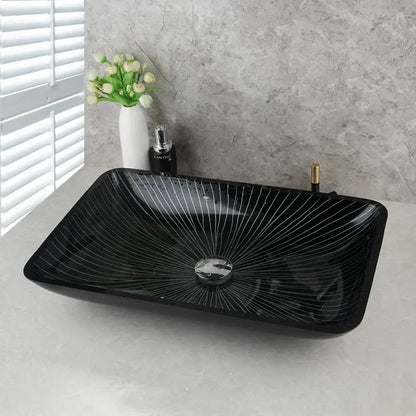 Modern black etched glass bathroom sink set with waterfall faucet