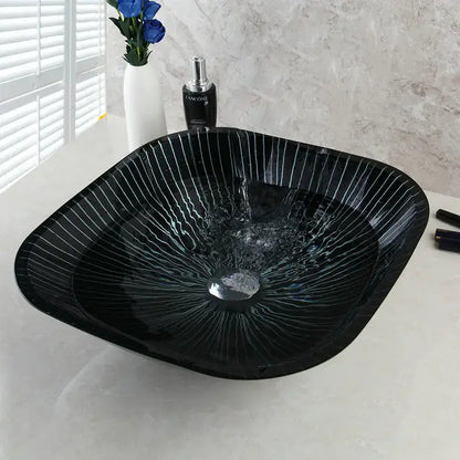 Modern black etched glass bathroom sink set with waterfall faucet