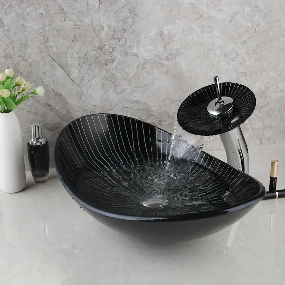 Modern black etched glass bathroom sink set with waterfall faucet