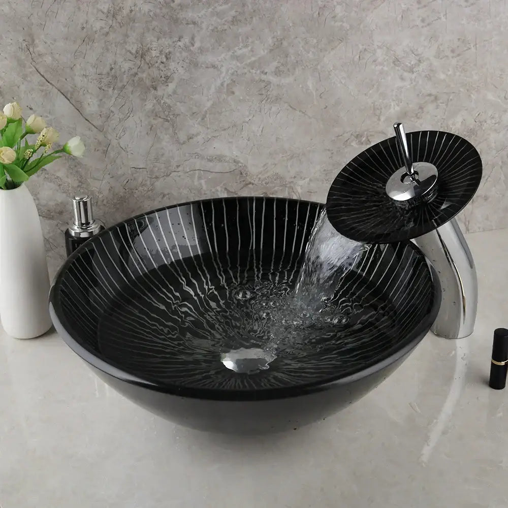 Modern black etched glass bathroom sink set with waterfall faucet