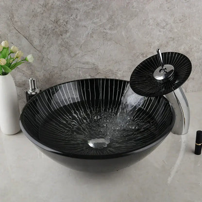 Modern black etched glass bathroom sink set with waterfall faucet