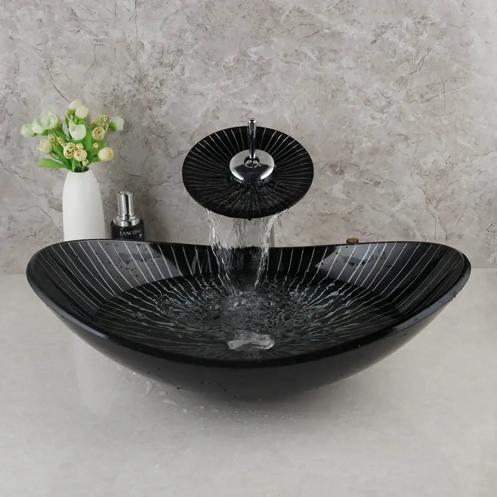 Modern black etched glass bathroom sink set with waterfall faucet
