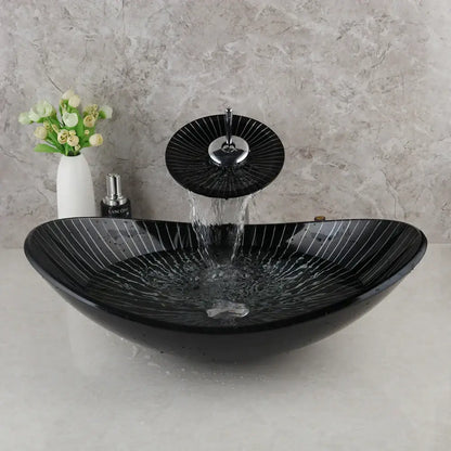 Modern black etched glass bathroom sink set with waterfall faucet