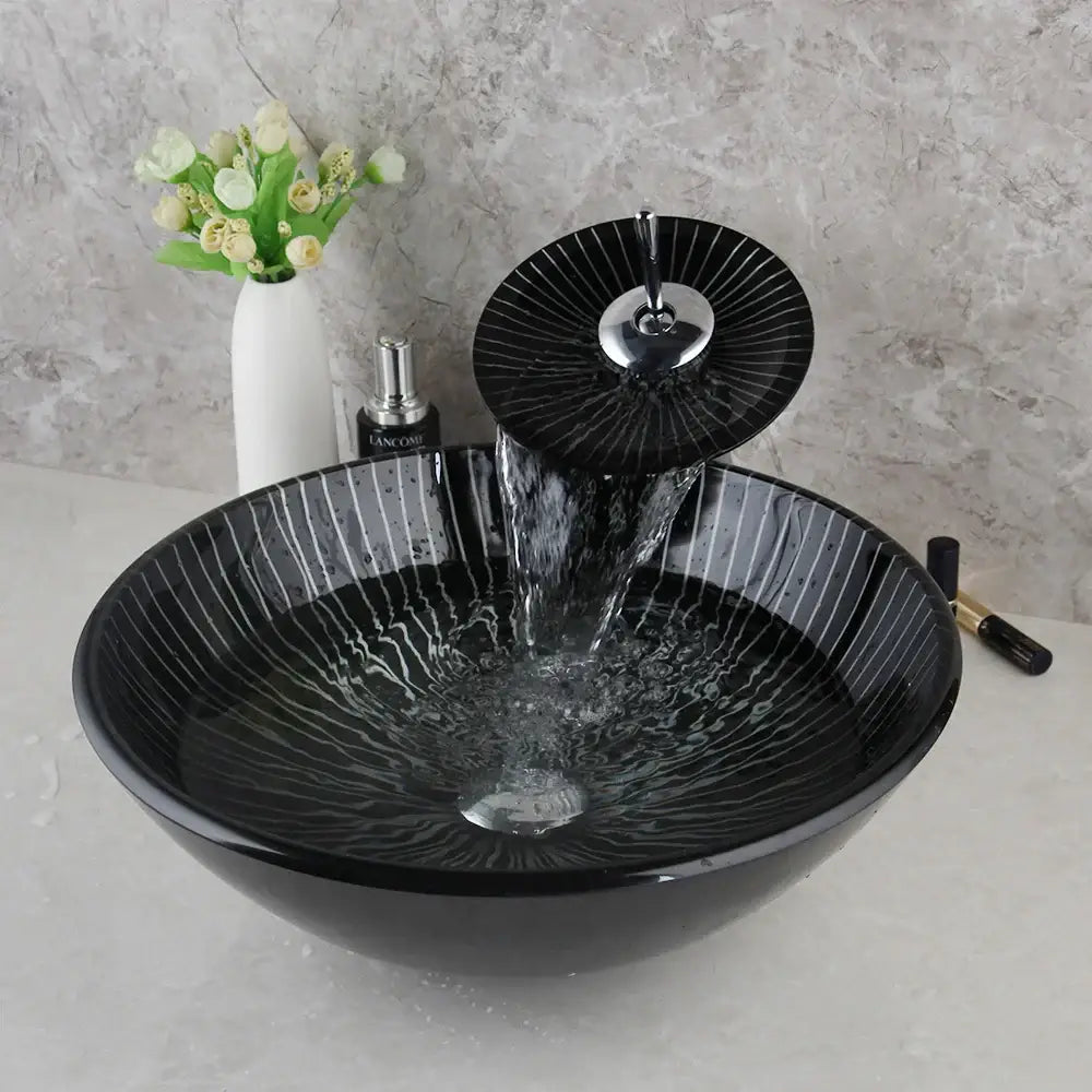 Modern black etched glass bathroom sink set with waterfall faucet