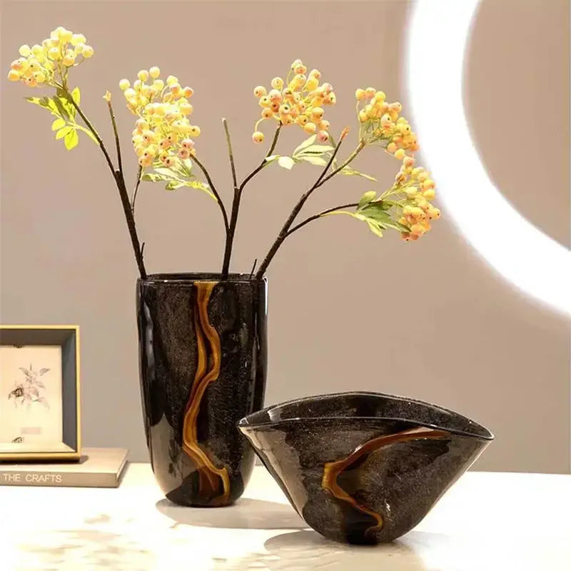 Modern black & gold glass vase set living room flower pot