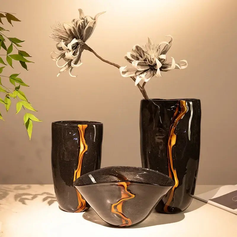 Modern black & gold glass vase set living room flower pot