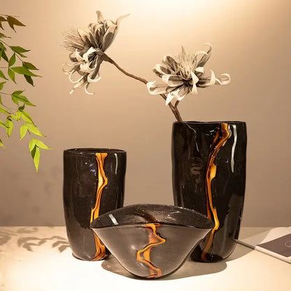 Modern black & gold glass vase set living room flower pot