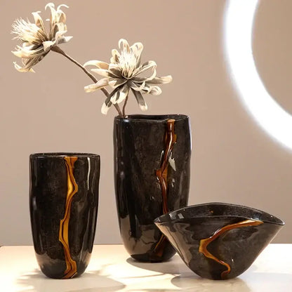 Modern black & gold glass vase set living room flower pot