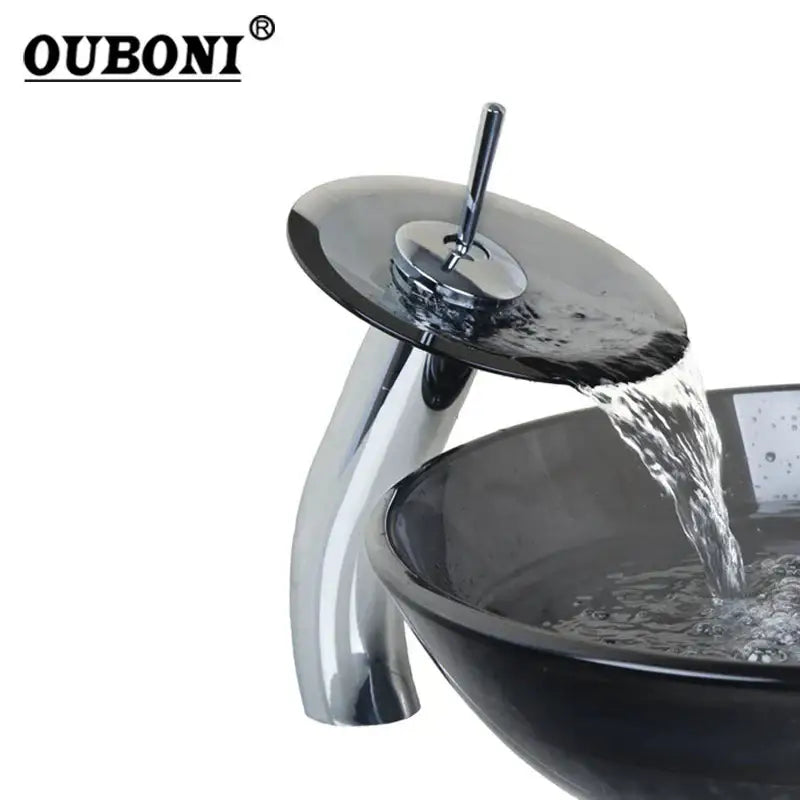 Modern chrome and black glass waterfall bathroom sink faucet