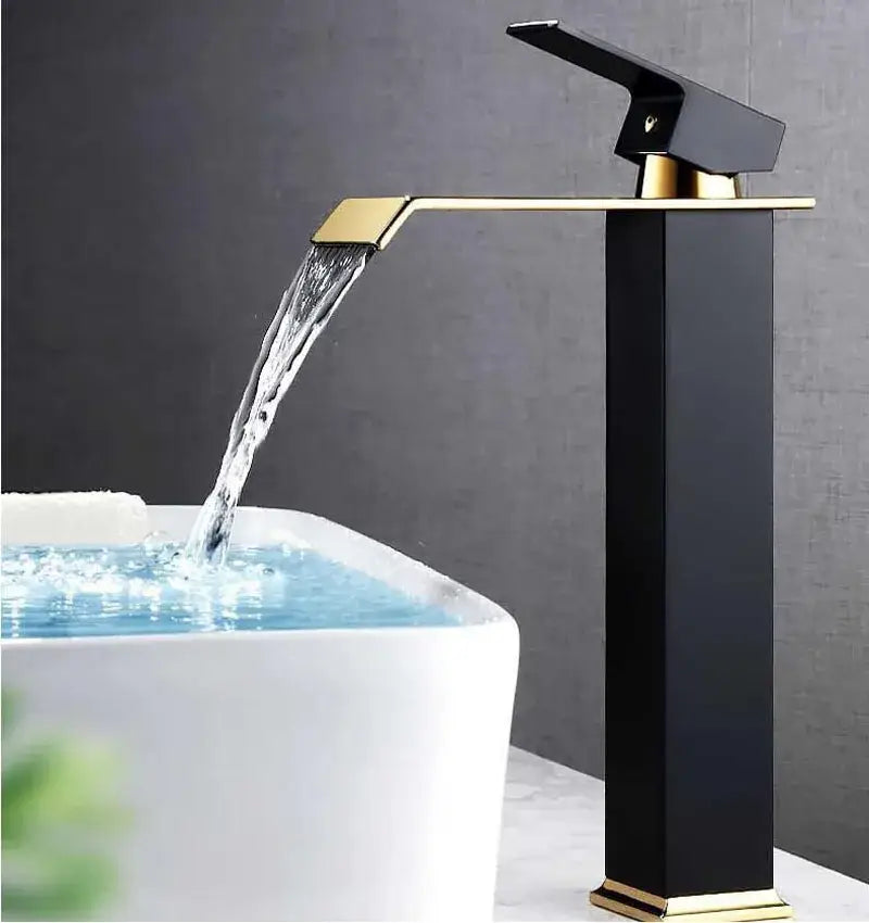 Modern black & gold waterfall basin faucet bathroom mixer tap
