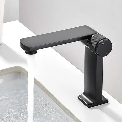 Modern black & gold basin faucet for bathroom sink with textured knob