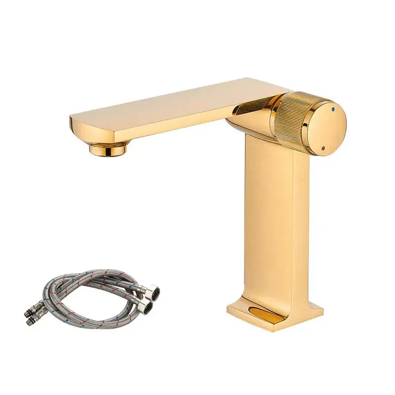 Modern black & gold basin faucet for bathroom sink with textured knob