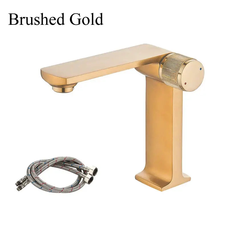 Modern black & gold basin faucet for bathroom sink with textured knob
