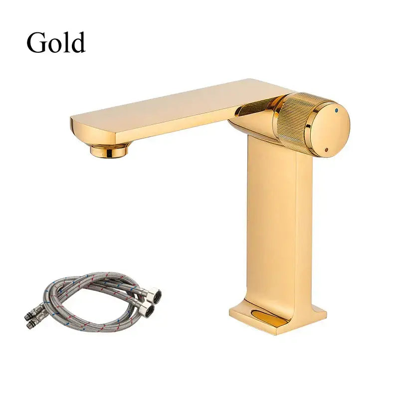 Modern black & gold basin faucet for bathroom sink with textured knob