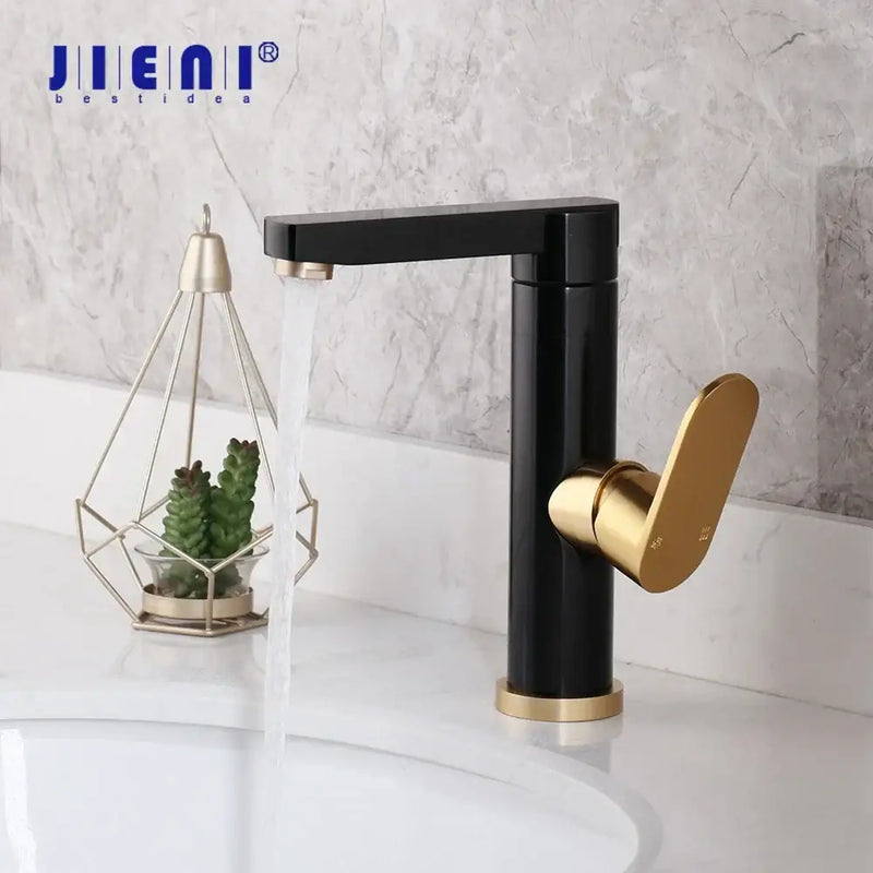 Modern black & gold bathroom faucet with oval handle basin mixer tap