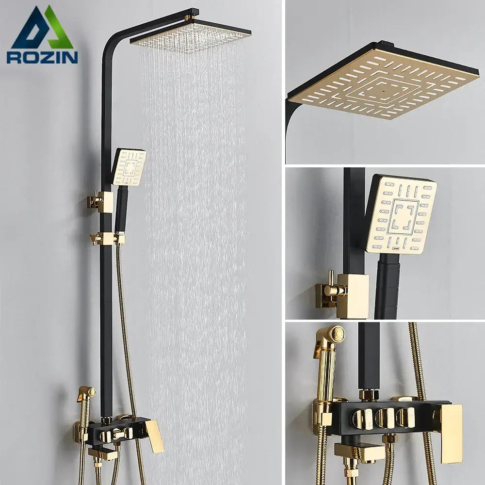 Modern black & gold shower faucet set bathroom rainhead system