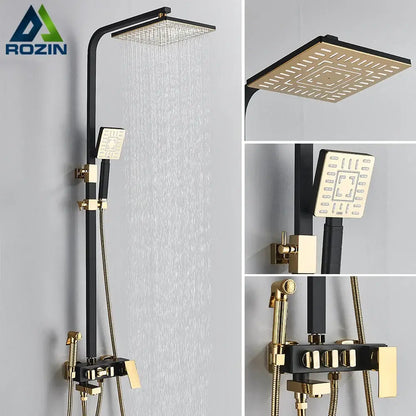 Modern black & gold shower faucet set bathroom rainhead system