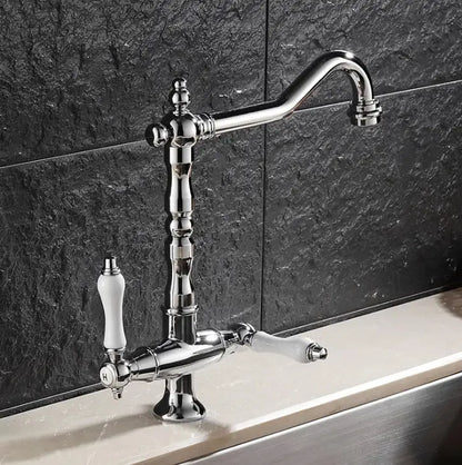 Vintage black & gold kitchen sink faucet with ceramic handles