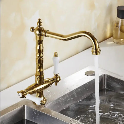 Vintage black & gold kitchen sink faucet with ceramic handles