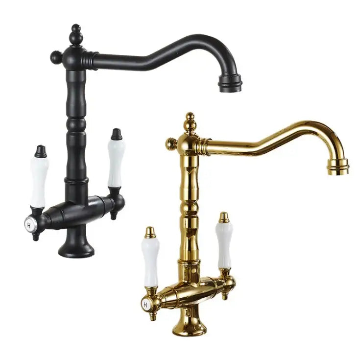 Vintage black & gold kitchen sink faucet with ceramic handles