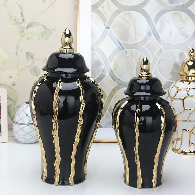 Vintage black & gold ceramic pot vintage bottle flower vase living room