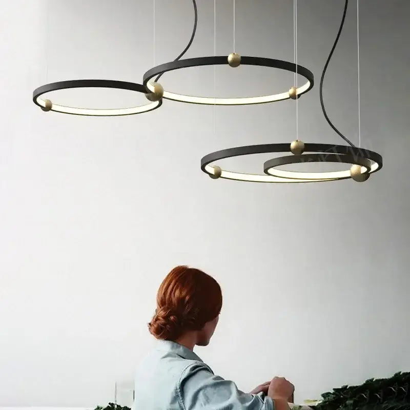 Modern black & gold chandelier living room led circle pendant light