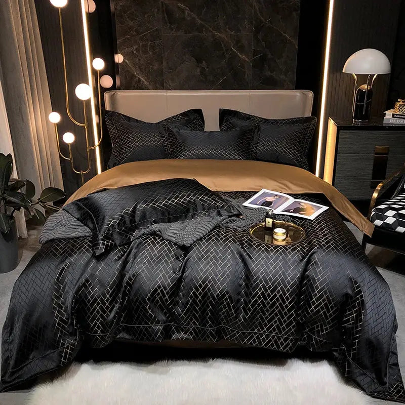 Black gold jacquard egyptian cotton bedding set bedroom decor
