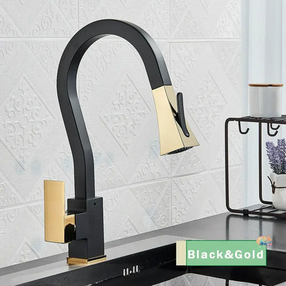 Modern black & gold kitchen faucet with flexible pull down sprayer