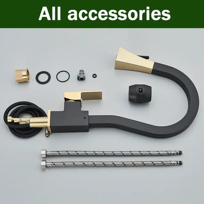 Modern black & gold kitchen faucet with flexible pull down sprayer