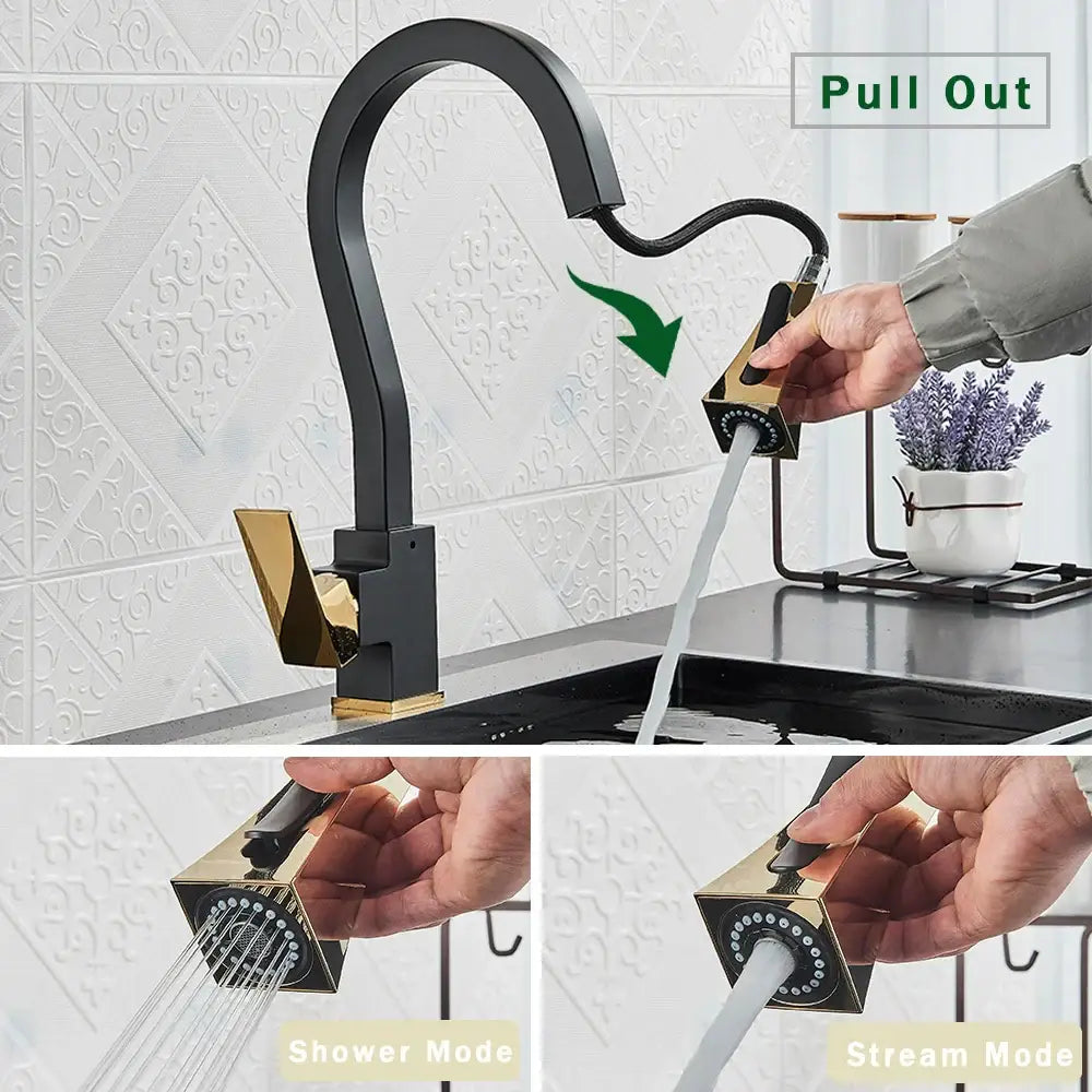 Modern black & gold kitchen faucet with flexible pull down sprayer