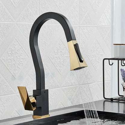 Modern black & gold kitchen faucet with flexible pull down sprayer