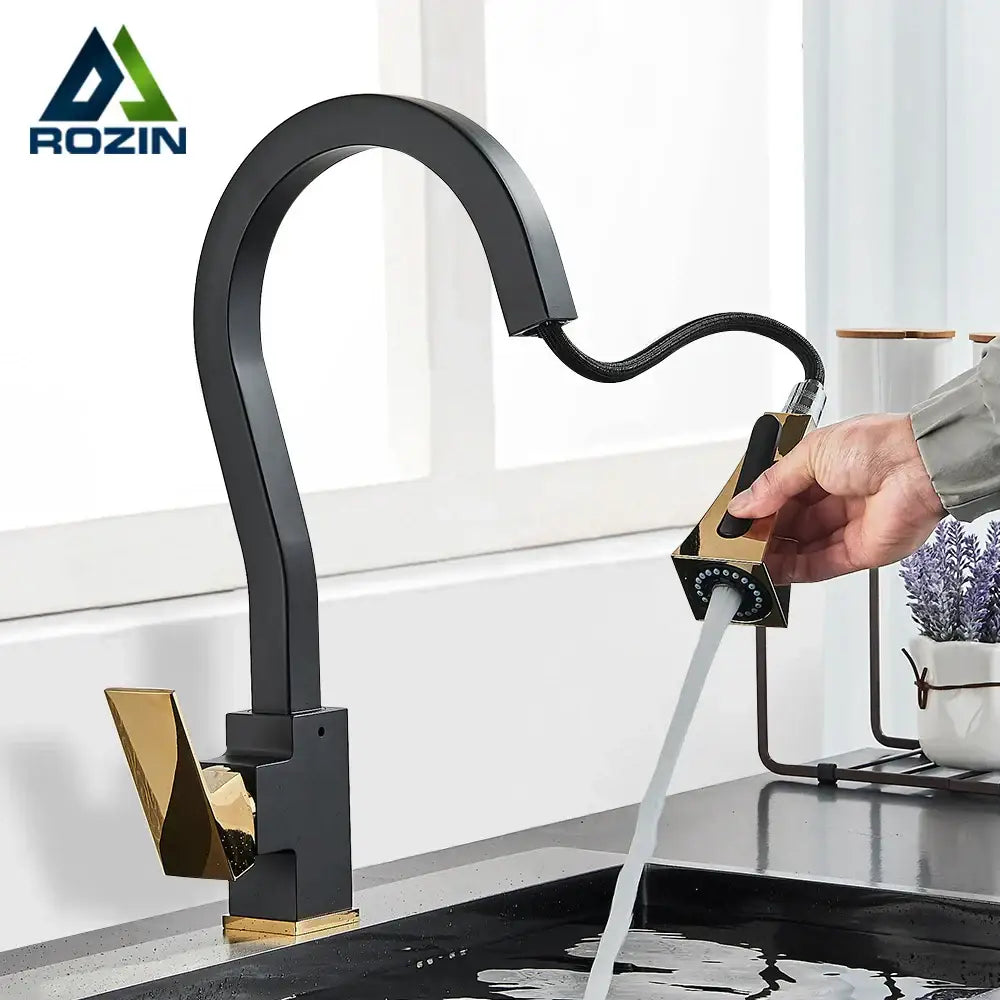 Modern black & gold kitchen faucet with flexible pull down sprayer