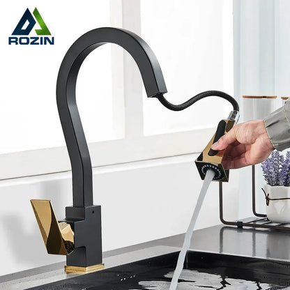 Modern black & gold kitchen faucet with flexible pull down sprayer