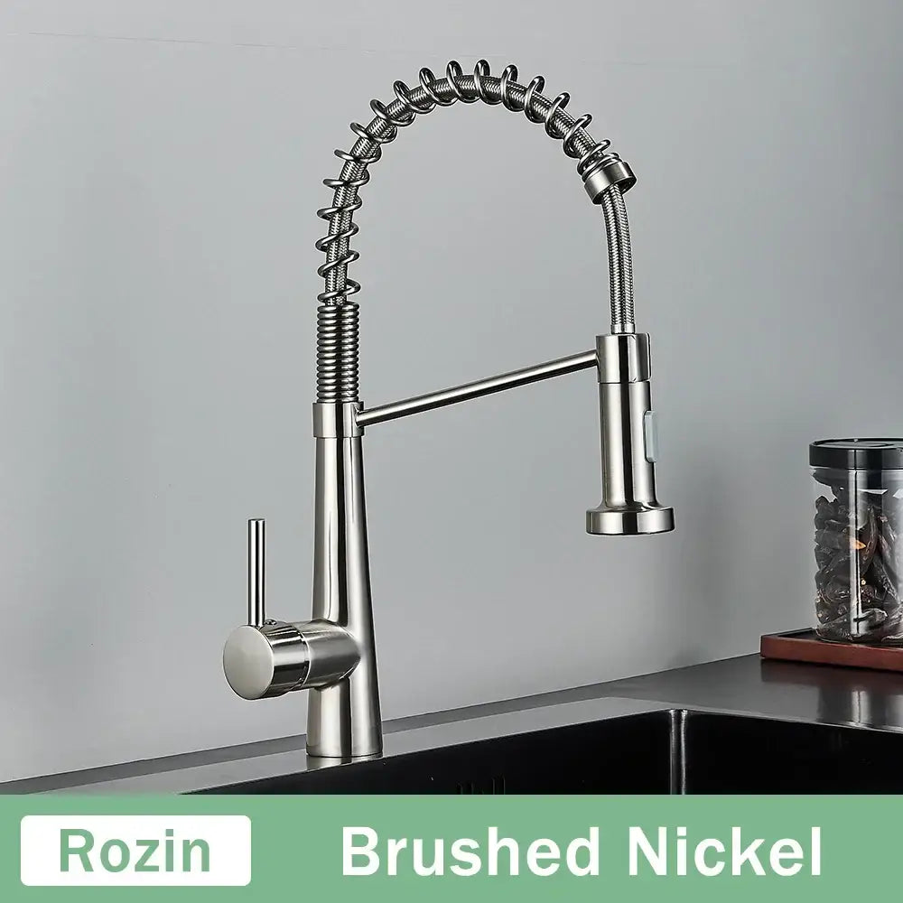 Modern black & gold kitchen faucet with coiled pull down sprayer